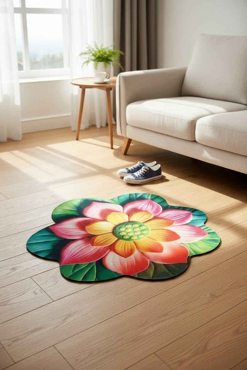Flower Floor Mat / Rainbow × Ecru beige Roseate Flower Anti Skid Super Soft Mat (40x60 cm) Bedroom/Hall